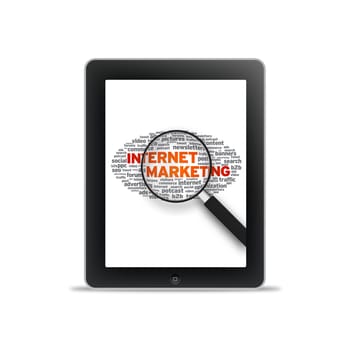 Tablet PC with Internet Marketing words on white background.