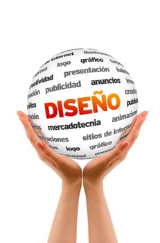 A person holding a 3D Word Design Sphere in white background.