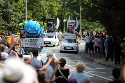 Lyon, France. July 13, 2013. Details of the advertising caravan of the stage 14 of the famous race Tour de France 2013.