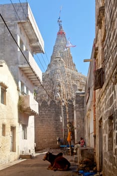 Vertical color portrait of the Krishna Temple at Dwarka in Gujarat, a holy pilgrimage destination for hindus