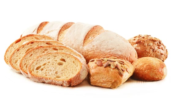Composition with loafs of bread isolated on white background