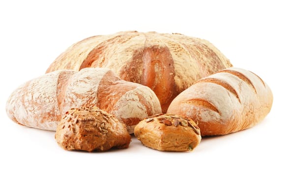 Composition with loafs of bread isolated on white background