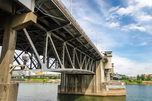 View of the Morrison Bridge and Willamette River in Portland, Oregon