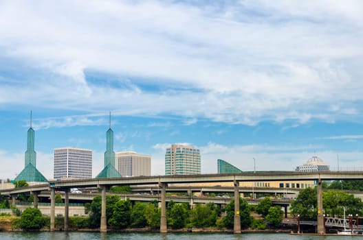 Cityscape of Portland, Oregon of convention center and infrastructure near the Willamette River