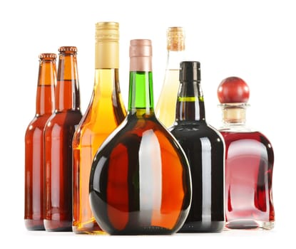 Assorted alcoholic beverages isolated on white background