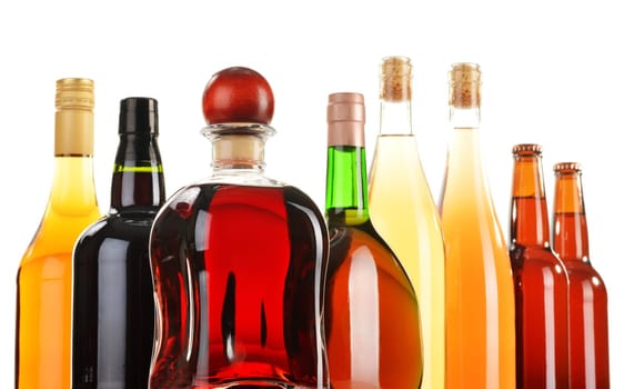 Assorted alcoholic beverages isolated on white background