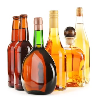 Assorted alcoholic beverages isolated on white background