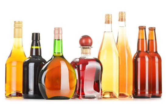 Assorted alcoholic beverages isolated on white background
