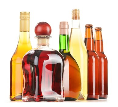 Assorted alcoholic beverages isolated on white background
