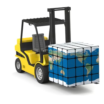 Concept of global transportation, modern yellow forklift carrying planet Earth in form of cube, isolated on white background. Elements of this image furnished by NASA.