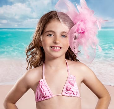 Children girl in tropical turquoise beach vacations with pink fashion style vintage color