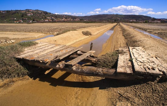 View of Salt evaporation ponds in Secovlje, Slovenia
