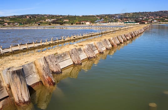 View of Salt evaporation ponds in Secovlje, Slovenia