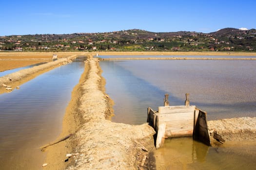 View of Salt evaporation ponds in Secovlje, Slovenia