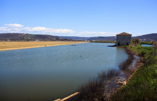 View of Salt evaporation ponds in Secovlje, Slovenia