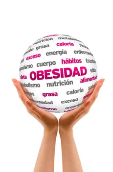 A person  holding a 3D Obesity Sphere ilsolated on white.