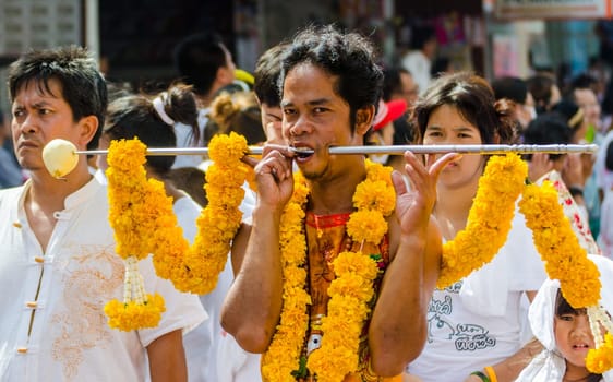 Phuket Vegeterian Festival. Shocking asian tradition - body piercing.