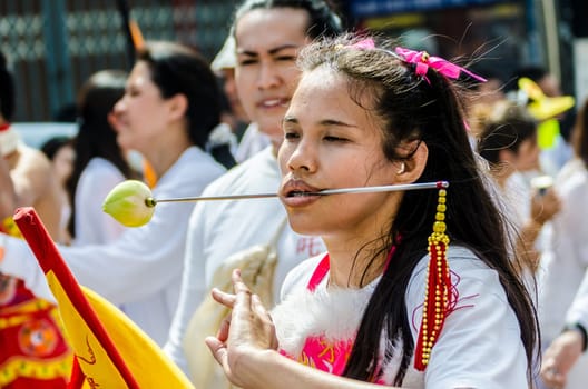 Phuket Vegeterian Festival. Shocking asian tradition - body piercing.