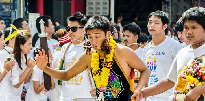 Phuket Vegeterian Festival. Shocking asian tradition - body piercing.
