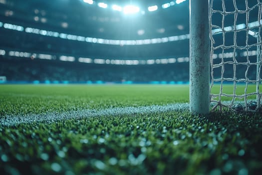 Modern football stadium with green field with football goals close-up in spotlights. Sports competition concept.