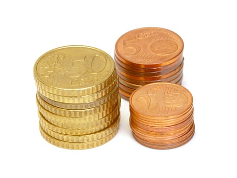 Euro coins on white background closeup