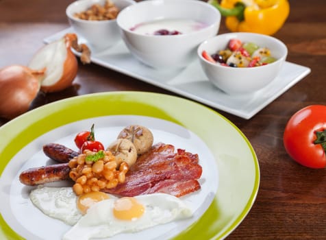 Full English breakfast with quail eggs