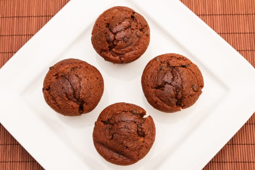 Chocolate Muffins on a white plate.