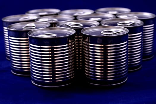 A group of blue cans