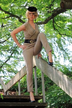 On the wooden stairs