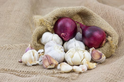 Fresh garlic and onion in package