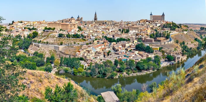Panoramic view of the historic city of Toledo with river Tajo in Castile-La Mancha, Spain