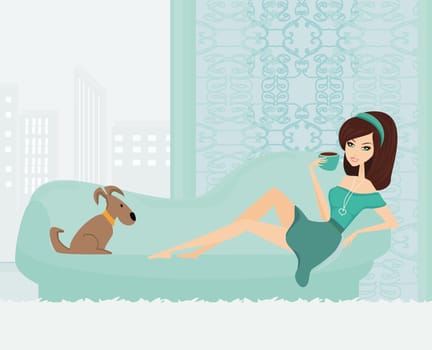 girl on coffee break with her dog on the sofa