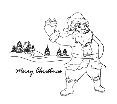Happy New year card with Santa and winter landscape - doodle illustration