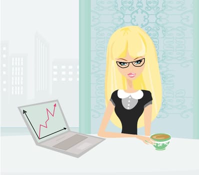 beautiful blond secretary in glasses working with computer