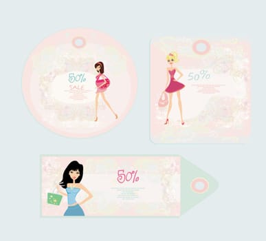 Price Tags With Fashion Girls vector set