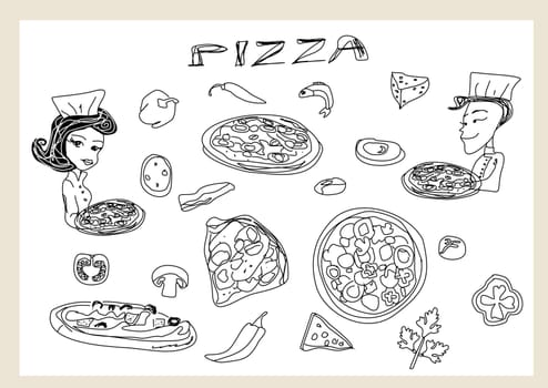 Pizza and vegetables and chef set doodle illustration