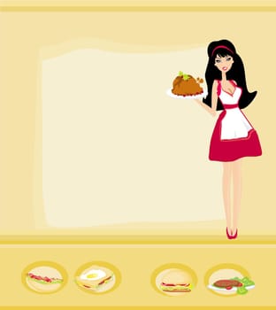 Slim waitress with a tray with chicken