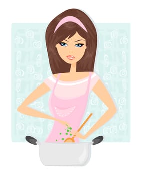 Beautiful lady cooking soup in the kitchen