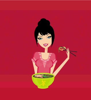 beautiful Asian girl enjoy sushi - menu template