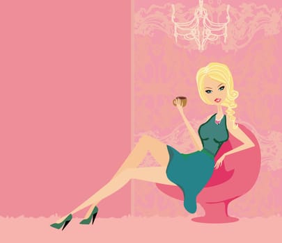 girl on coffee break in room
