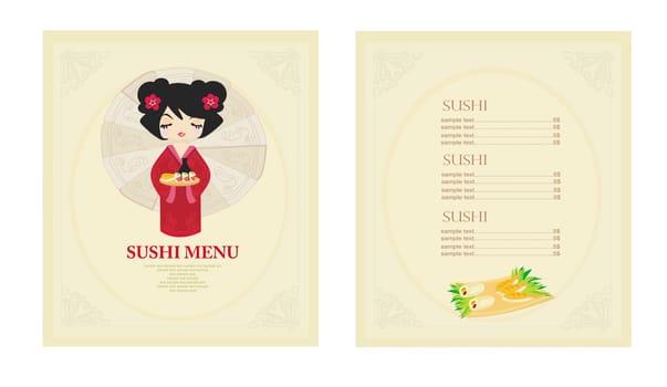 beautiful Asian girl enjoy sushi - menu template