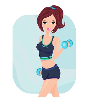 fit brunette woman exercising with two dumbbell weights on her hands