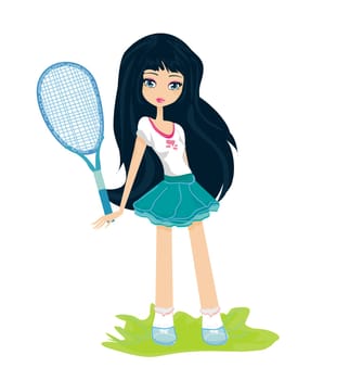 Young girl with a tennis racket over white background