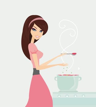 Beautiful lady cooking soup in the kitchen