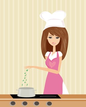 Beautiful lady cooking soup in the kitchen