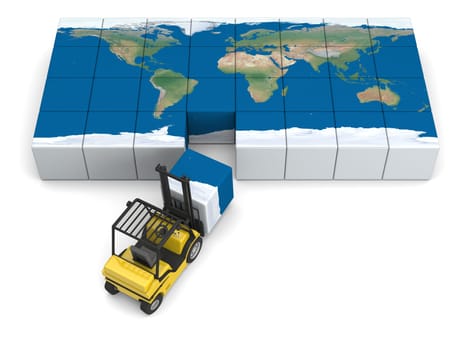 Concept of global transportation, modern yellow forklift carrying piece of global map, isolated on white background. Elements of this image furnished by NASA.