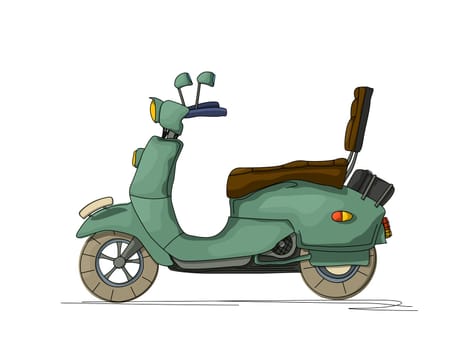 Cartoon style drawing of a retro scooter, isolated object on white background