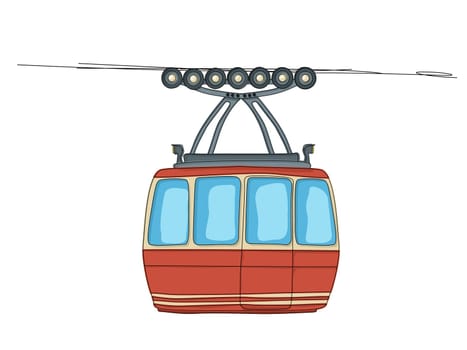 Cable-car on ropeway cartoon drawing over white background