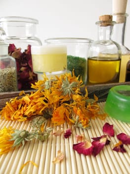 Ingredients and utensils for homemade cosmetics