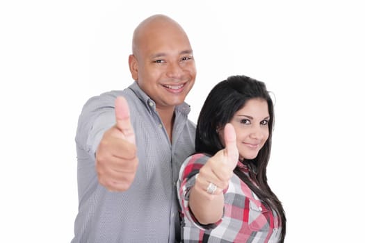Portrait of happy couple with thumbs up sign isolated on white background